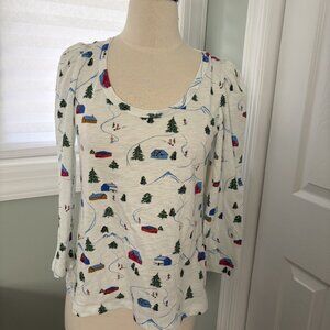 Maeve by Anthropologie Puff Sleeve Tee, Skier Motif, XS, NWT